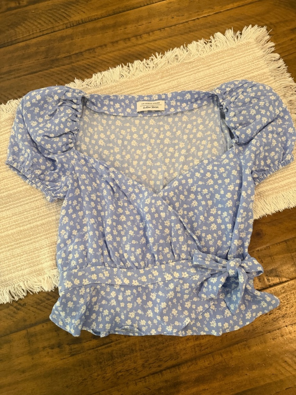 & Other Stories Light Blue Floral Wrap Crop Top with Puff Sleeves